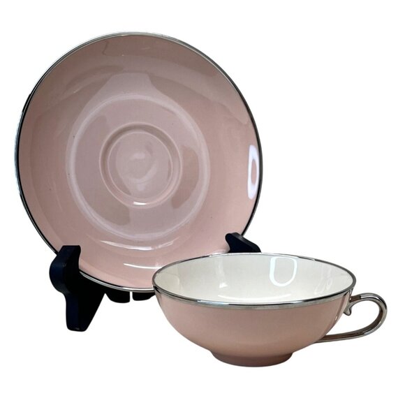 6 Gladding McBean Franciscan China Magnolia Pink Platinum Trim Cups & Saucers - Picture 7 of 11